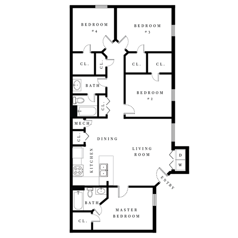 Floor plan for 4 beds, 2 baths, 1338 sqft